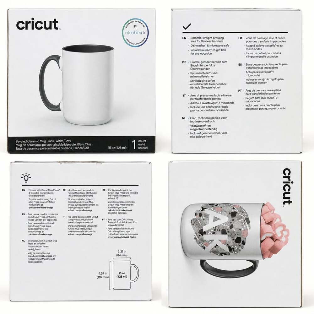 Cricut Beveled Ceramic Mug Blank, White/Gray, 15 oz